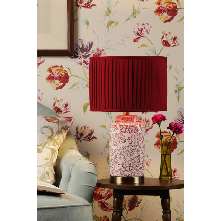 Laura Ashley Knipton Red Ceramic Table Lamp With Antique Brass Detailing Complete With Red Fabric Drum Shade