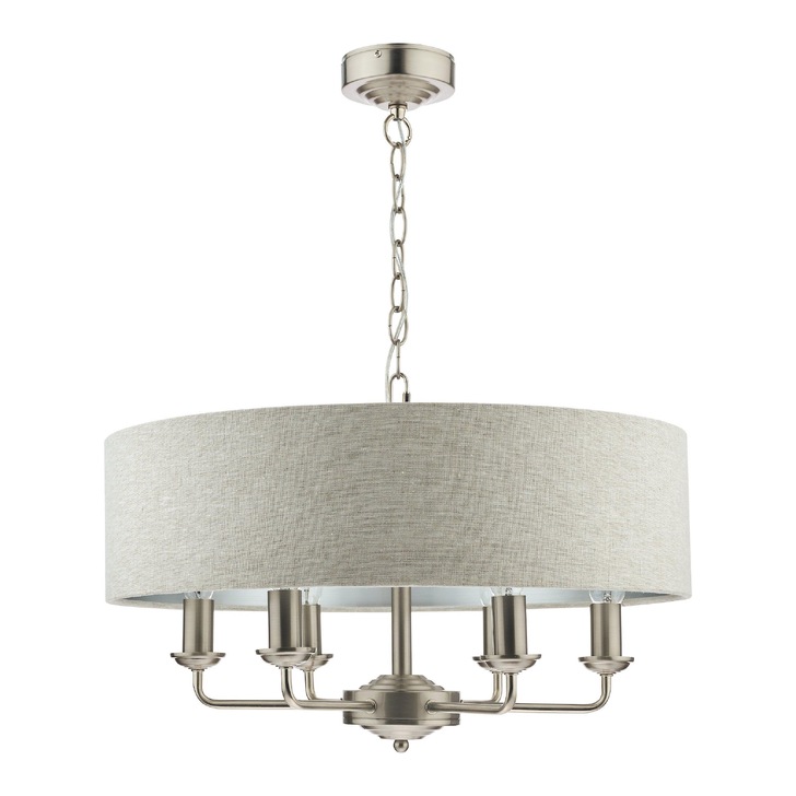 Laura Ashley LA3518806-Q Sorrento Satin Nickel 6 Light Pendant Light Complete With Natural Linen Shade