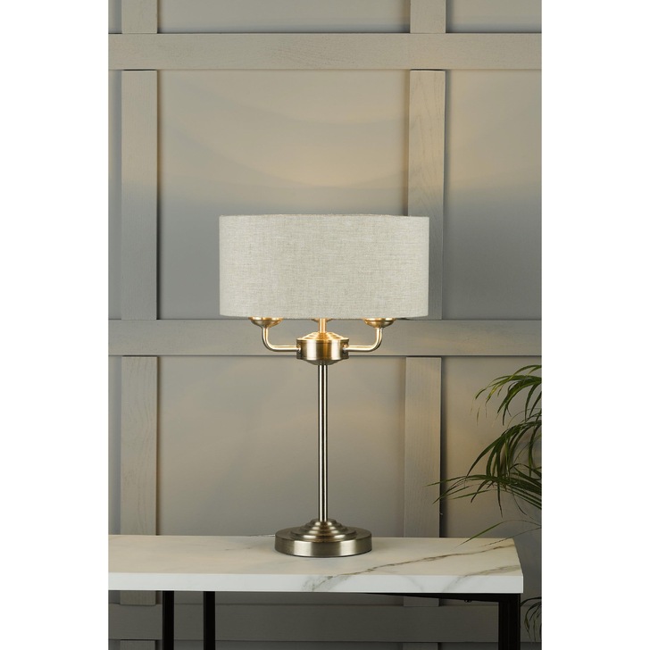 Laura Ashley LA3636753-Q Sorrento Satin Nickel 3 Light Table Lamp Complete With Natural Linen Shade And Switch