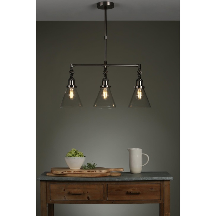 Laura Ashley LA3650343-Q Isaac Industrial Nickel 3 Light Bar Pendant With Clear Glass Shades