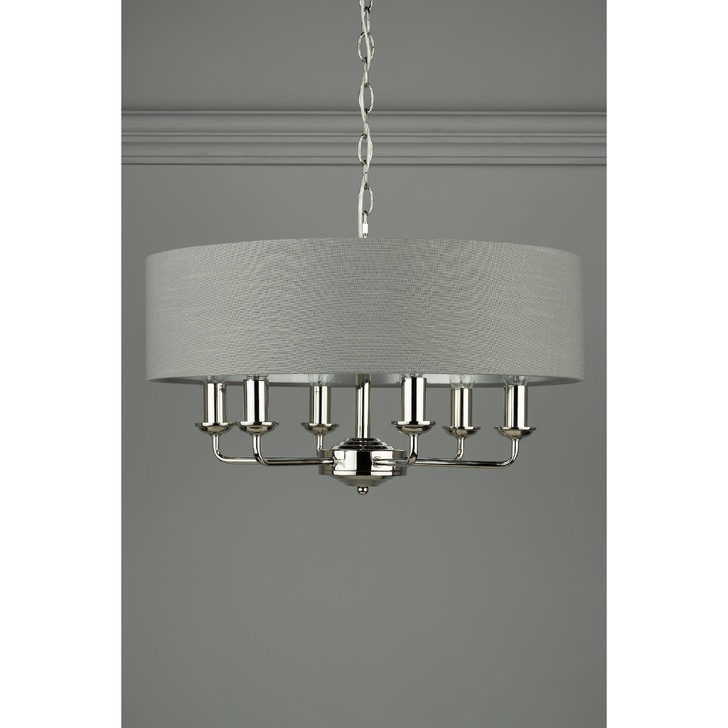 Laura Ashley LA3668938-Q Sorrento Polished Nickel 6 Light Pendant Light Complete With Grey Linen Shade