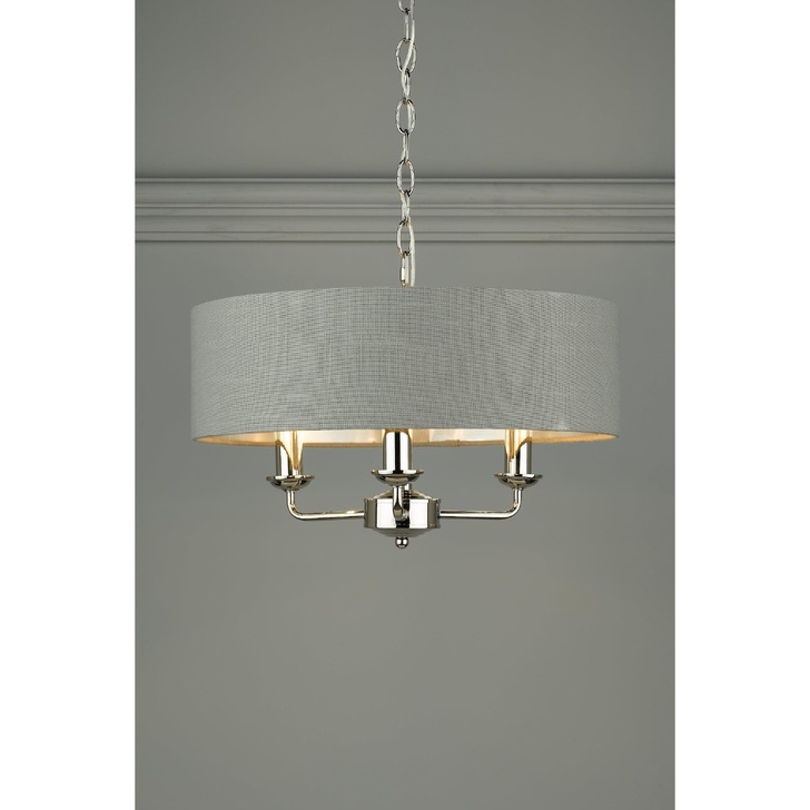 Laura Ashley LA3688867-Q Sorrento Polished Nickel 3 Light Pendant Light Complete With Grey Linen Shade