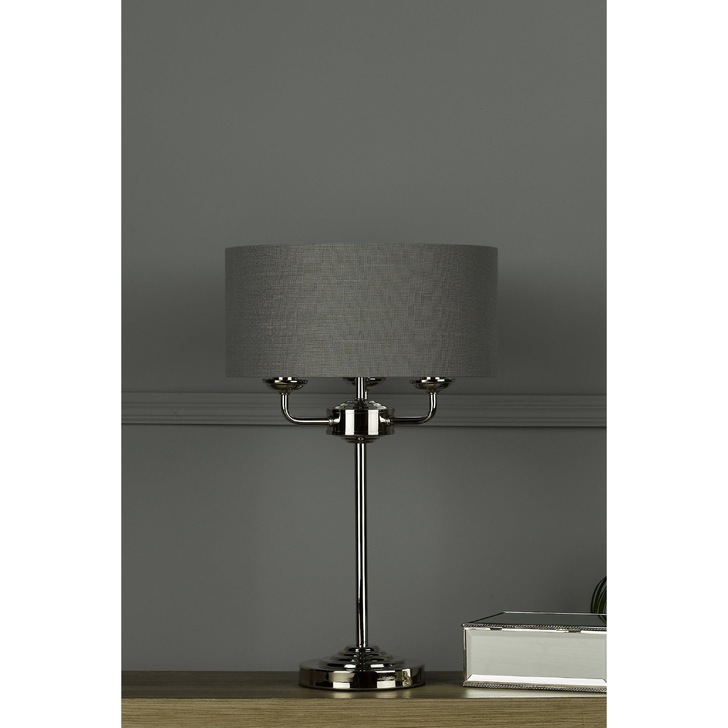 Laura Ashley LA3702786-Q Sorrento Polished Nickel 3 Light Table Lamp Complete With Grey Linen Shade And Switch