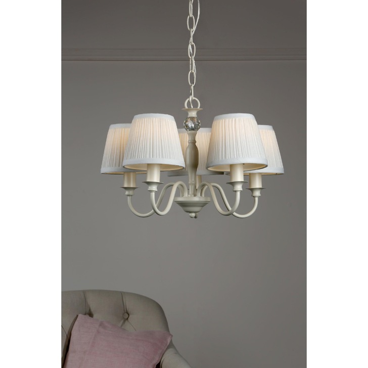 Laura Ashley LA3726687-Q Ellis Satin Cream & Crystal 5 Light Chandelier Complete With Ivory Cotton Shades