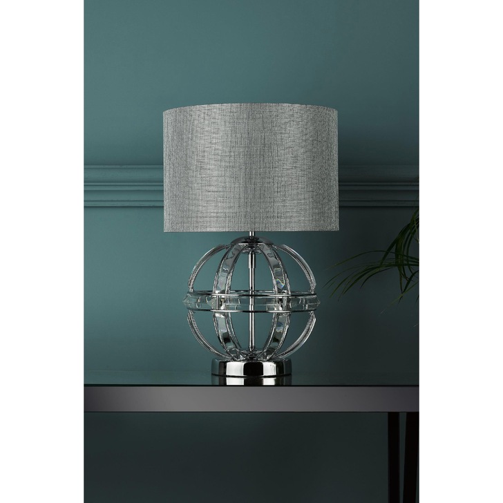 Laura Ashley LA3742828-Q Aidan Polished Chrome & Glass Round Table Lamp Complete With Grey Linen Shade