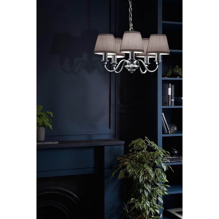 Laura Ashley LA3743659-Q Ellis Polished Chrome & Crystal 5 Light Chandelier Complete With Grey Cotton Shades