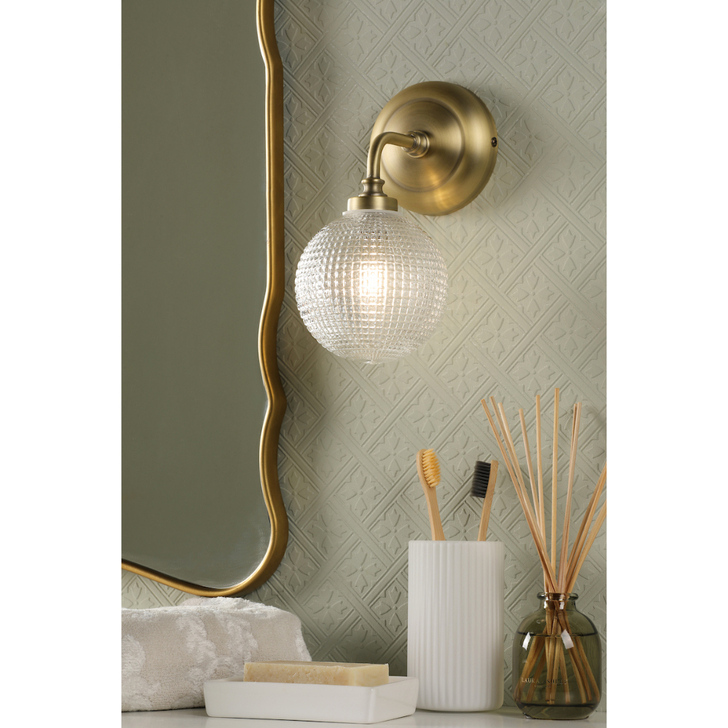 Laura Ashley Langdon Matt Antique Brass Bathroom Wall Light Complete WIth Textured Glass - IP44