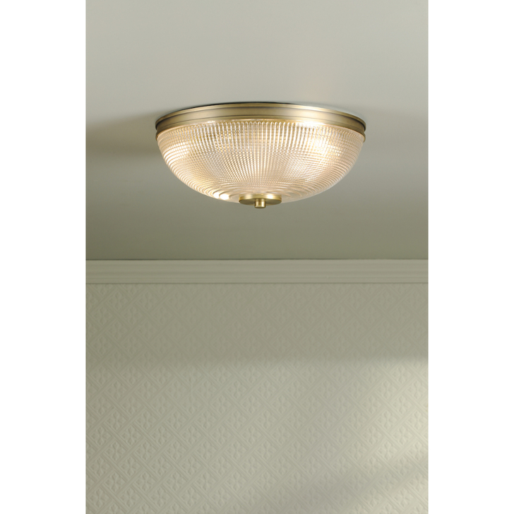 Laura Ashley Langdon Matt Antique Brass Flush Bathroom Ceiling Light Complete WIth Textured Glass - IP44