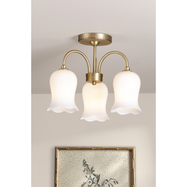 Laura Ashley Lidsell Matt Antique Brass 3 Light Semi-Flush Downward Facing Ceiling Light Complete With Scalloped Opal Glass Shades