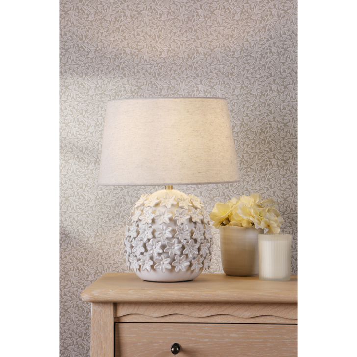 Laura Ashley Marwick White Ceramic And Brushed Silver Table Lamp Complete With Natural Linen Tapered Drum Shade
