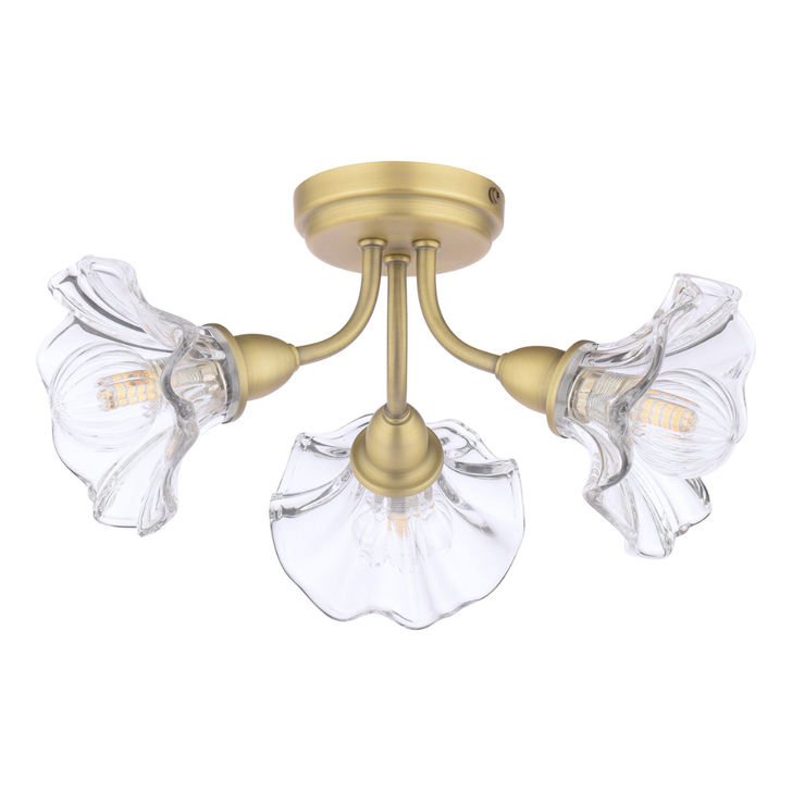 Laura Ashley Matt Antique Brass 3 Light Flush Ceiling Light Complete With Clear Flower Shaped Glasses