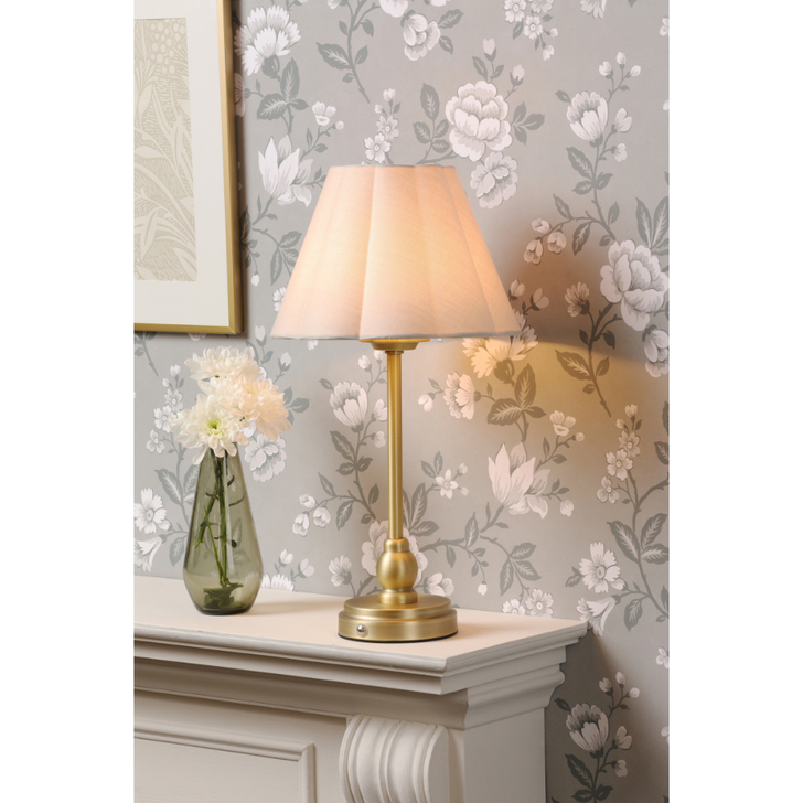 Laura Ashley Matt Antique Brass Rechargeable Table Lamp Complete With Taupe Cotton Mixed Scallop Shade - 3000K