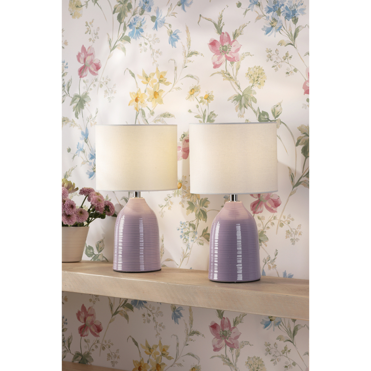 Laura Ashley Penny Twin Pack of Purple Ceramic Table Lamps Complete With Natural Oatmeal Shades - Switched