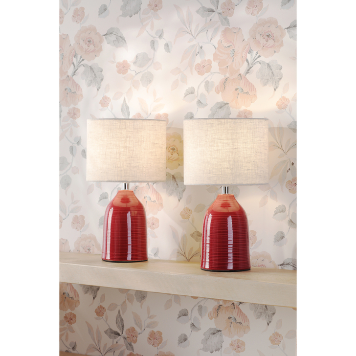 Laura Ashley Penny Twin Pack of Red Ceramic Table Lamps Complete With Natural Oatmeal Shades - Switched