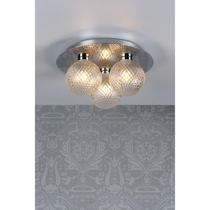 Laura Ashley Prague 3 Light Polished Chrome Flush Bathroom Ceiling Light Complete With Textured Glass Globes - IP44