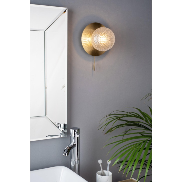 Laura Ashley Prague Single Bathroom Wall Light In Satin Brass With Textured Glass Globe - IP44