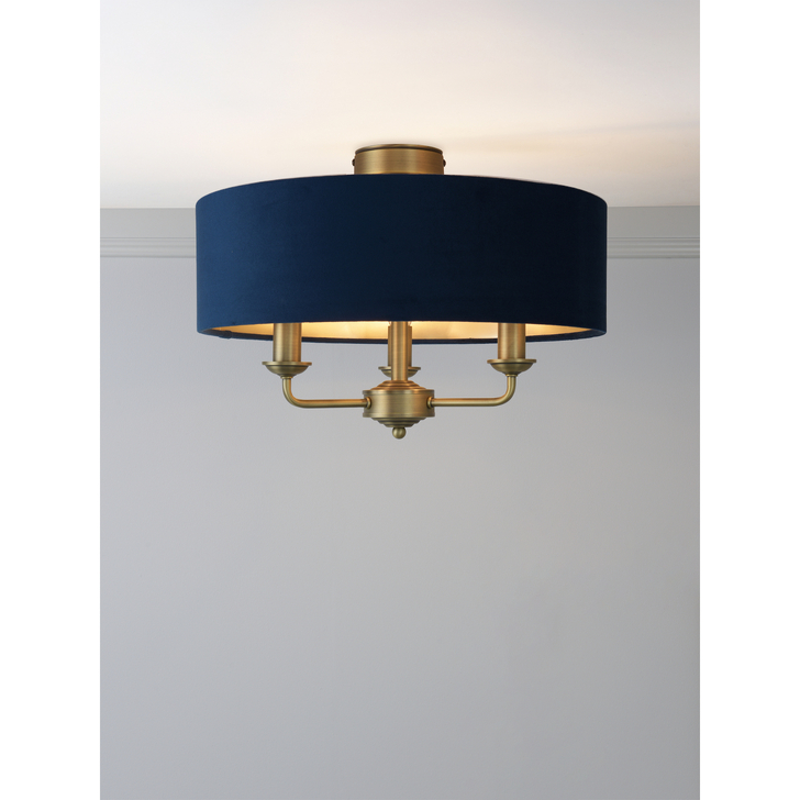 Laura Ashley Sorrento 3 Light Semi-Flush Matt Antique Brass With Blue Shade