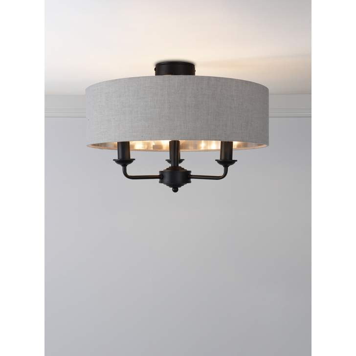 Laura Ashley Sorrento 3 Light Semi-Flush Matt Black With Natural Shade