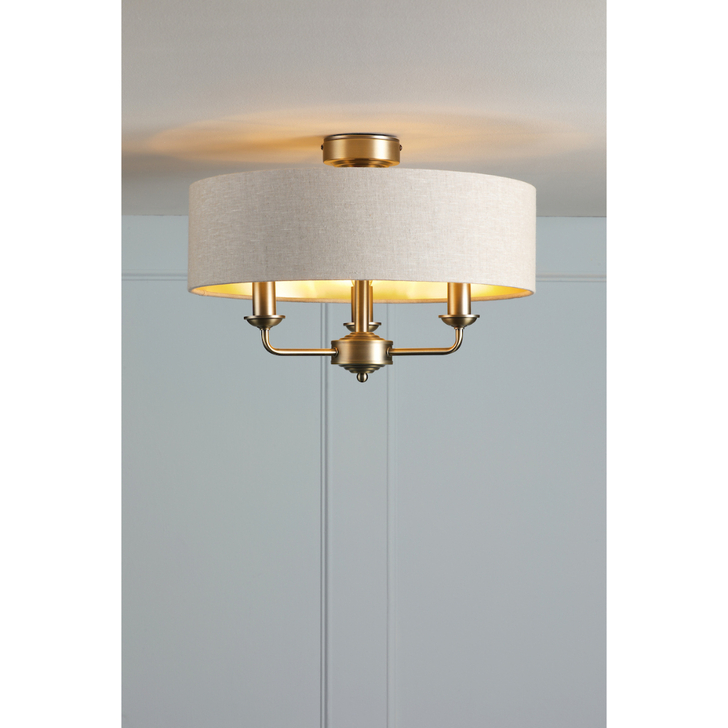 Laura Ashley Sorrento Matt Antique Brass Semi-Flush 3 Light Ceiling Light Complete With Natural Shade