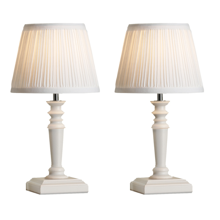 Laura Ashley Tate Twin Pack Of White Distressed Wood Table Lamps Complete With Ivory Cotton Tapered Shades - Switched