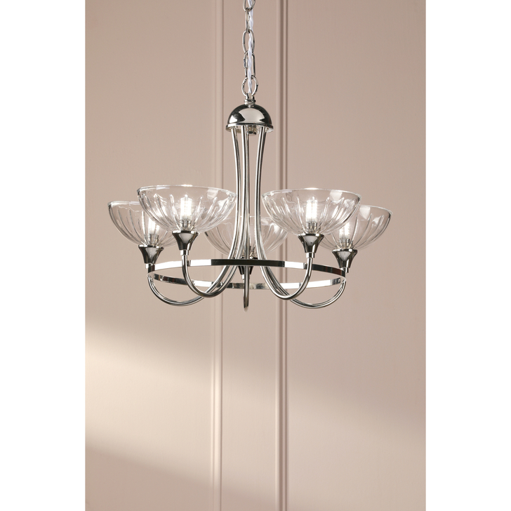 Laura Ashley Wellham 5 Light Armed Pendant Polished Nickel and Ribbed Glass