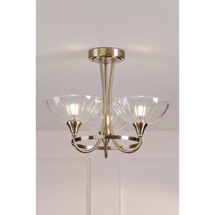 Laura Ashley Wellham Antique Brass 3 Light Semi-Flush Ceiling Light Complete With Clear Ribbed Glasses
