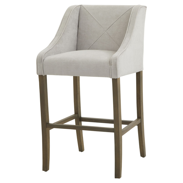 Light Grey Woven Fabric Barstool With Wooden Legs