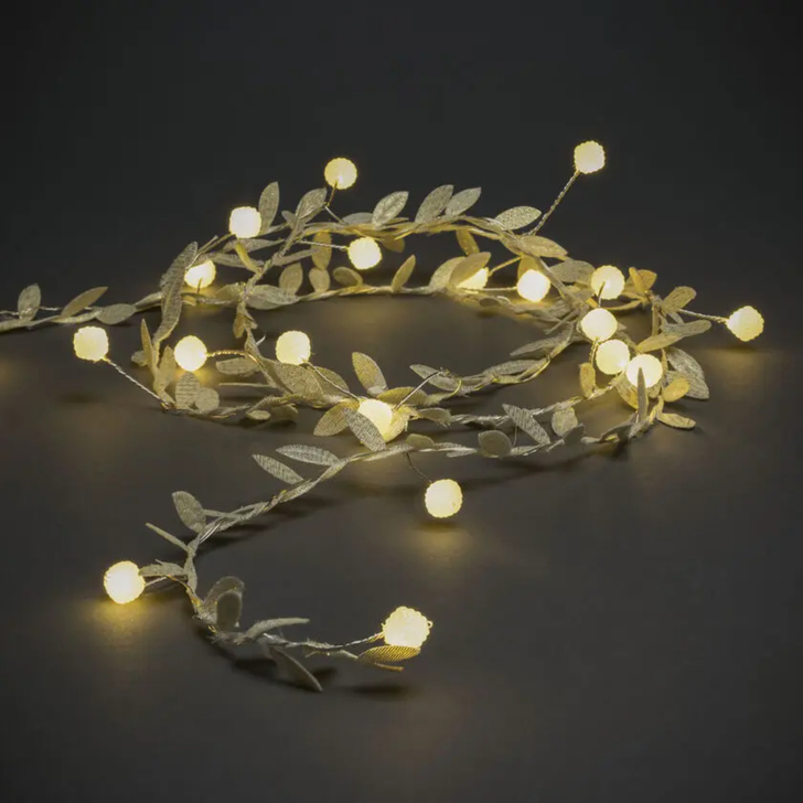 Light Set Gold Leaves/Pearls 20 Warm White Led 6H Timer B/O
