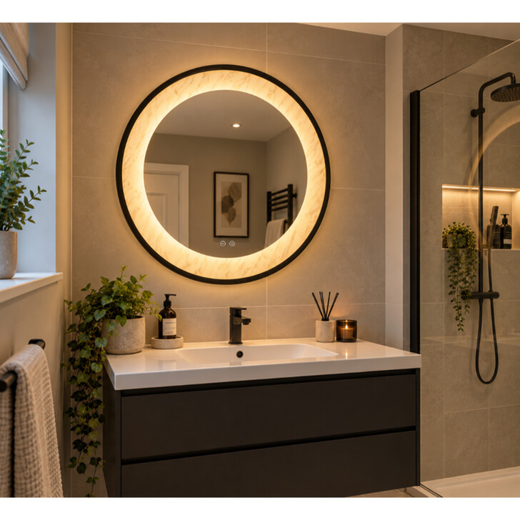 Luxo Black Round Mirror Complete With Marble Accents - IP44