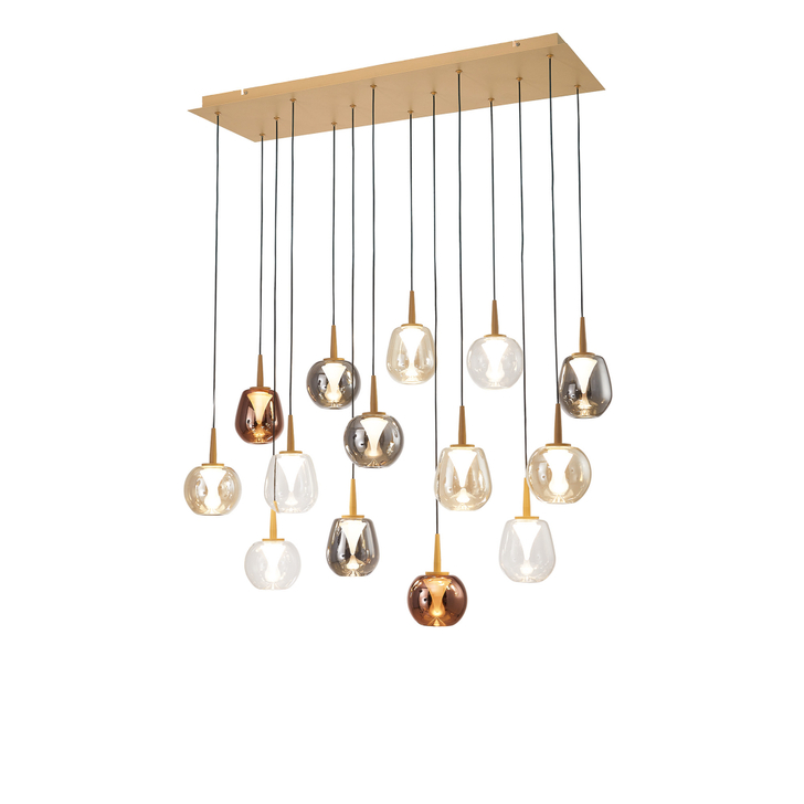 Mantra Andromeda 102cm x 33cm Rectangle Cluster Pendant Light In Gold Complete With Copper/Chrome/Amber/Clear/Frosted Glasses - 3000K