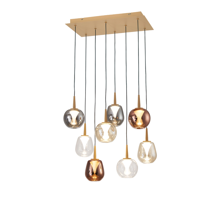 Mantra Andromeda 53 x 33cm Rectangle Cluster Pendant Light In Gold Complete With Copper/Chrome/Amber/Clear/Frosted Glasses - 3000K
