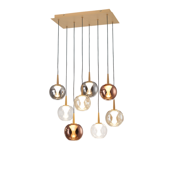 Mantra Andromeda 53 x 33cm Rectangle Cluster Pendant Light In Gold Complete With Round Copper/Chrome/Amber/Clear/Frosted Glasses - 3000K