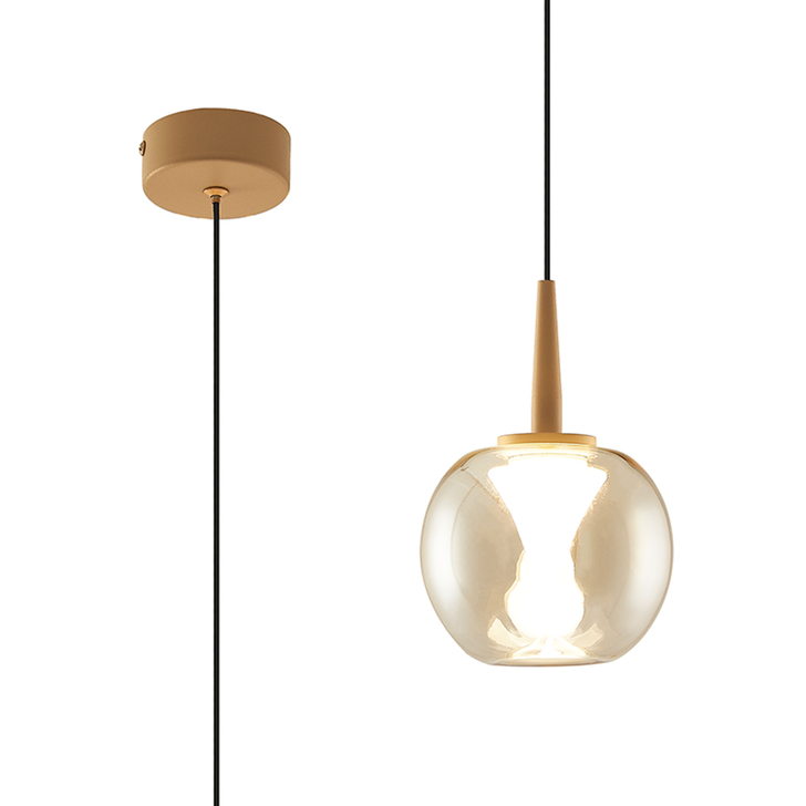 Mantra Andromeda Led Single Pendant Light In Gold Complete With Round Amber/Frosted Glass - 3000K