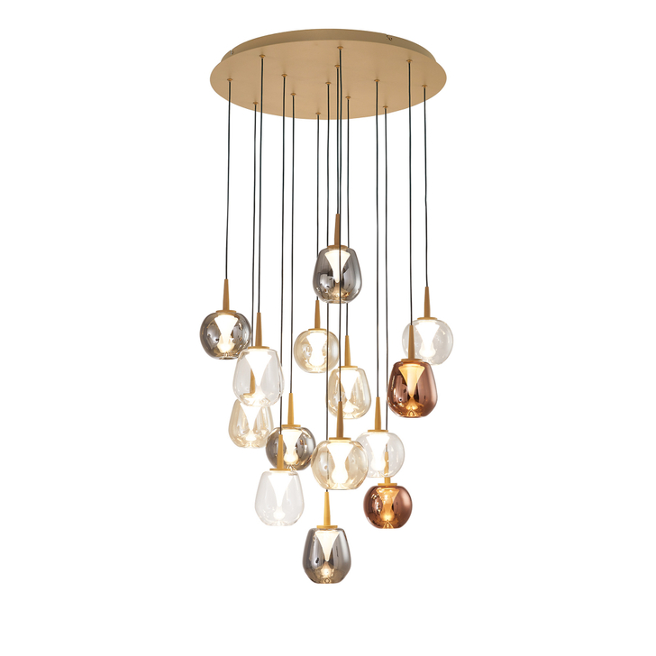 Mantra Andromeda Round 14 Light Pendant In Gold Complete With Copper/Chrome/Amber/Clear/Frosted Glasses - 3000K