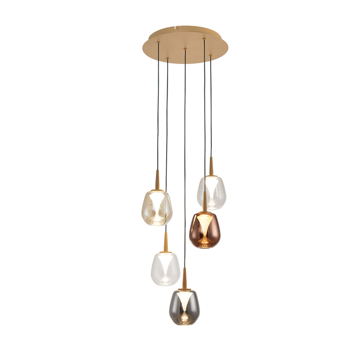 Mantra Andromeda Round 5 Light Pendant In Gold Complete With Copper/Chrome/Amber/Clear/Frosted Glasses - 3000K