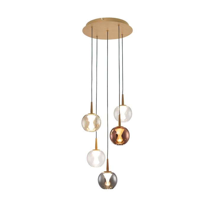Mantra Andromeda Round 5 Light Pendant In Gold Complete With Round Copper/Chrome/Amber/Clear/Frosted Glasses - 3000K