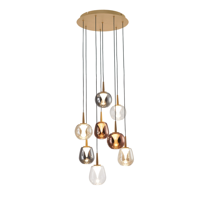 Mantra Andromeda Round 8 Light Pendant In Gold Complete With Copper/Chrome/Amber/Clear/Frosted Glasses - 3000K