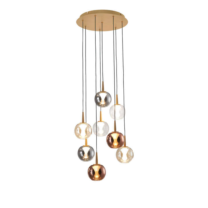 Mantra Andromeda Round 8 Light Pendant In Gold Complete With Round Copper/Chrome/Amber/Clear/Frosted Glasses - 3000K