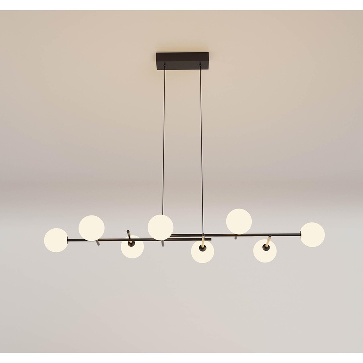 Mantra Cellar 8 Light Linear Bar Pendant Black With Opal Glass Globes