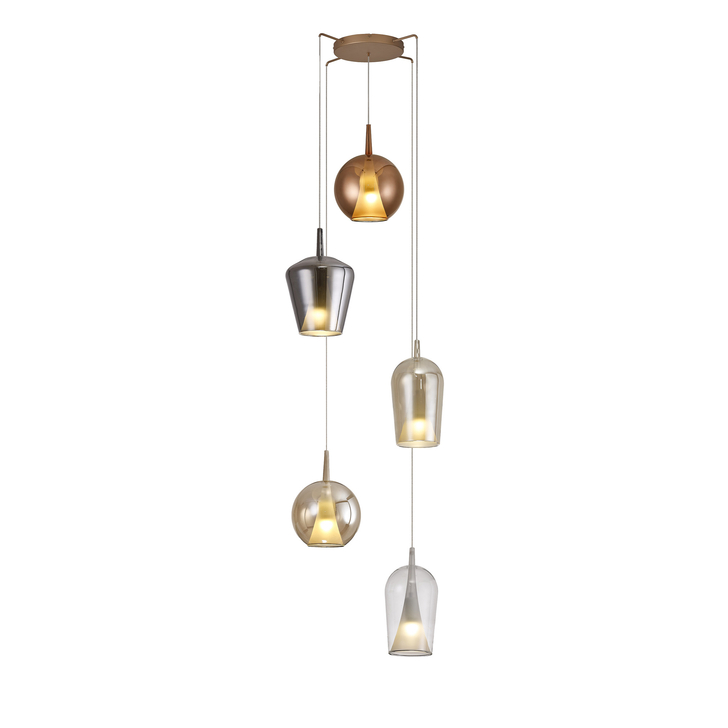 Mantra Elsa 5 Light Pendant Light With Gold Frame Complete With Clear, Chrome And Bronze Glas Shades