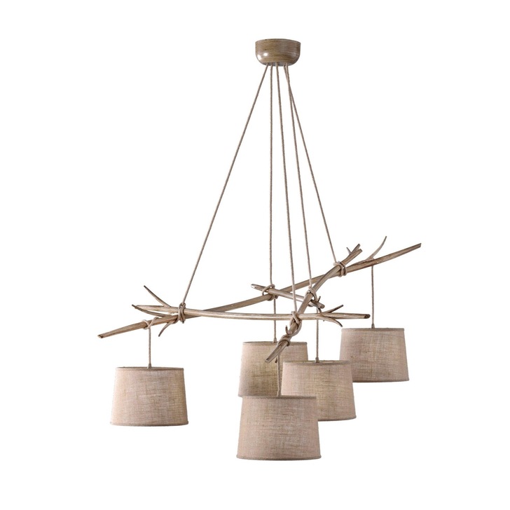 Mantra M6175 Sabina 5 Light Imitation Wood Pendant Complete With Linen Shades