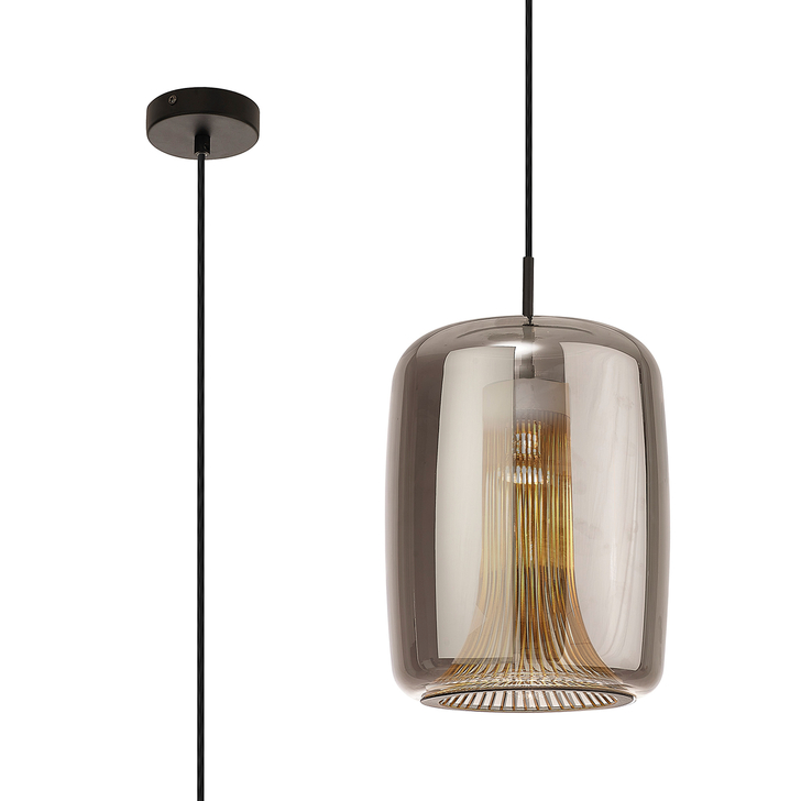 Mantra M8523 Kriss Cylinder Black Single Pendant Light Complete With Black Glass Shade With Inner Funnel Glass