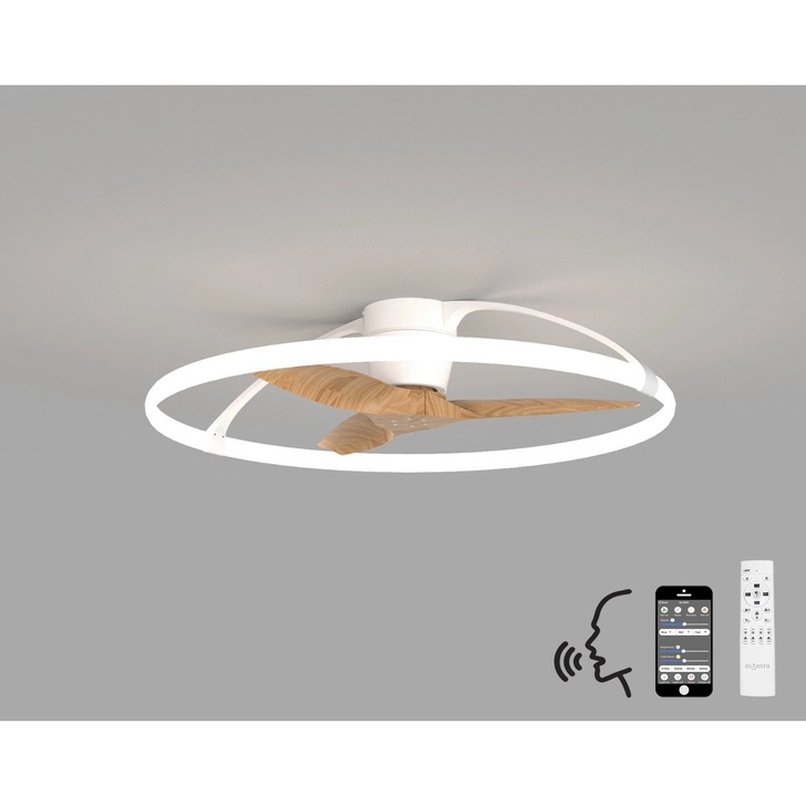 Mantra Nepal White/Wood Finish LED Ceiling Light With Built-In Reversible Fan C/W Remote Control