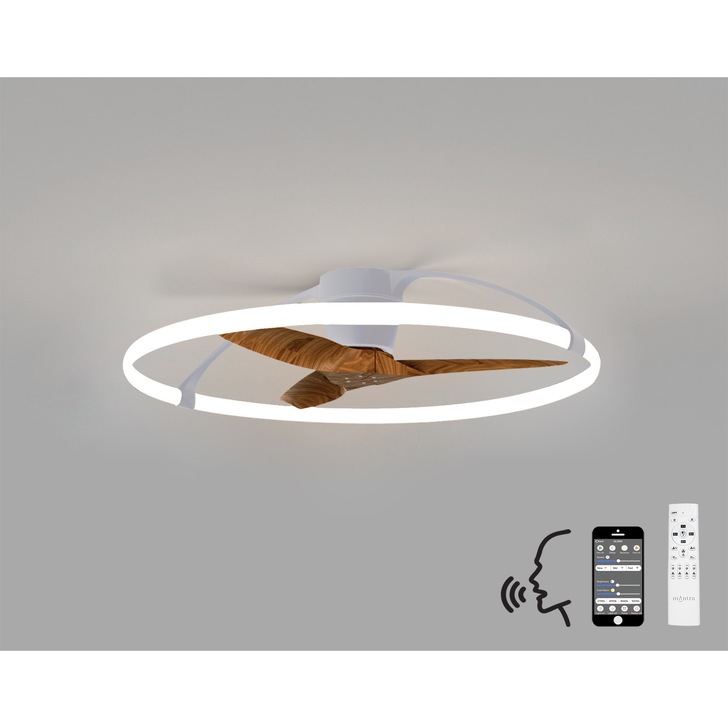 Mantra Nepal White/Wood Finish LED Ceiling Light With Built-In Reversible Fan C/W Remote Control