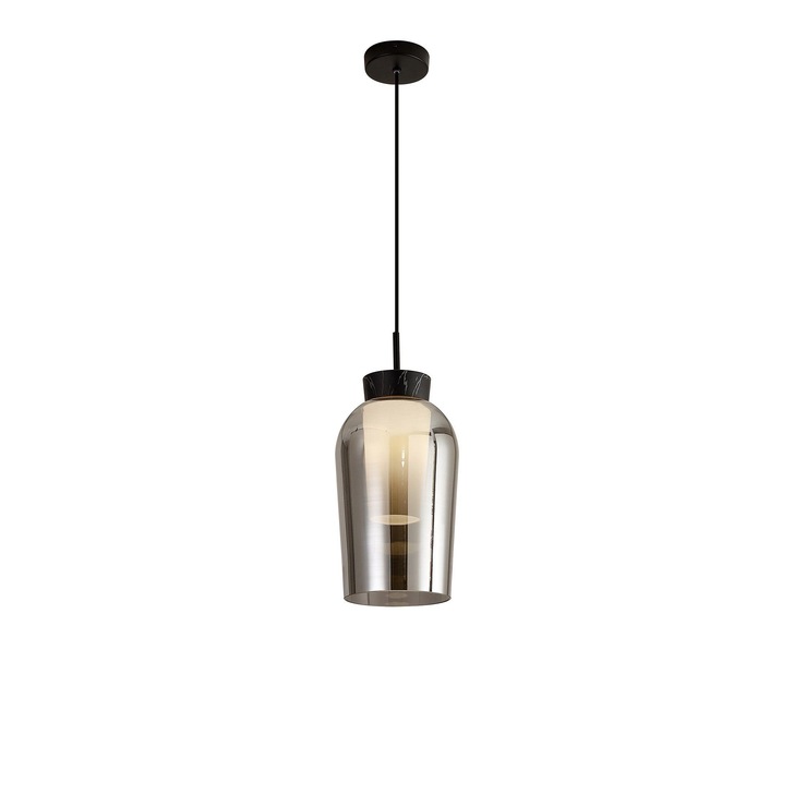 Mantra Nora Black 1 Light Pendant Complete With Smoked Glass, Frosted Inner And Marble Detailing