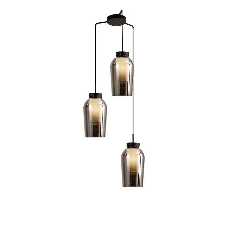 Mantra Nora Black 3 Light Adjustable Pendant Light, With Smoked Glasses, Frosted Inners And Marble Detailing