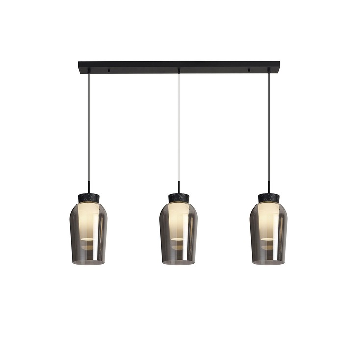 Mantra Nora Black 3 Light Linear Bar Pendant Light Complete With Smoked Glasses, Frosted Inners And Marble Detailing