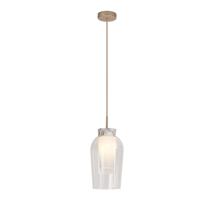 Mantra Nora Gold 1 Light Pendant Complete With Clear Glass, Frosted Inner And Marble Detailing