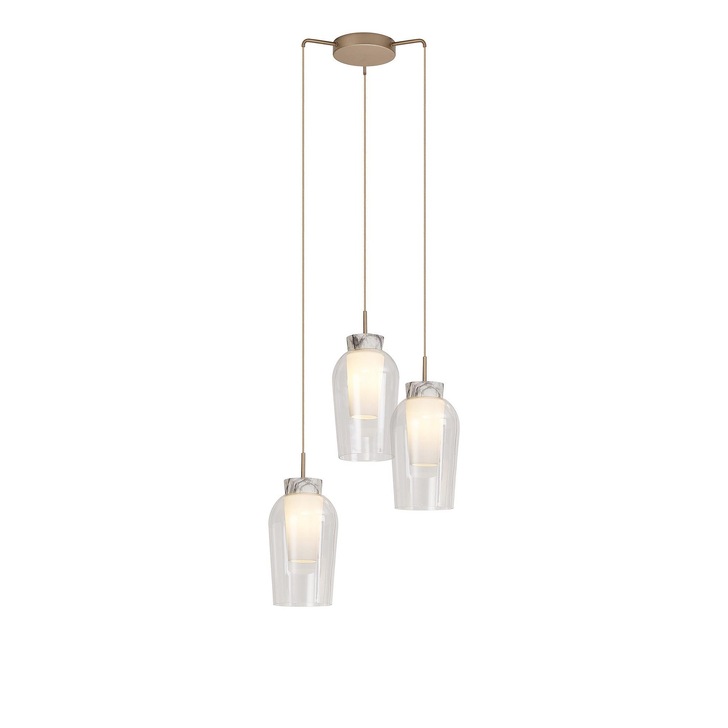 Mantra Nora Gold 3 Light Adjustable Pendant Light, With Clear Glasses, Frosted Inners And Marble Detailing