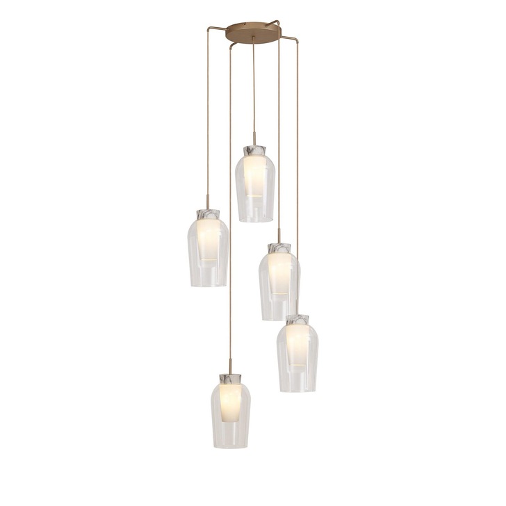 Mantra Nora Gold 5 Light Cluster Pendant With Clear Glasses, Frosted Inners And Marble Detailing